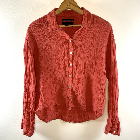 Tahari Womens 100% Linen Button Top Sz M Pink Crinkle Textured Lagenlook Boho - Picture 1 of 9